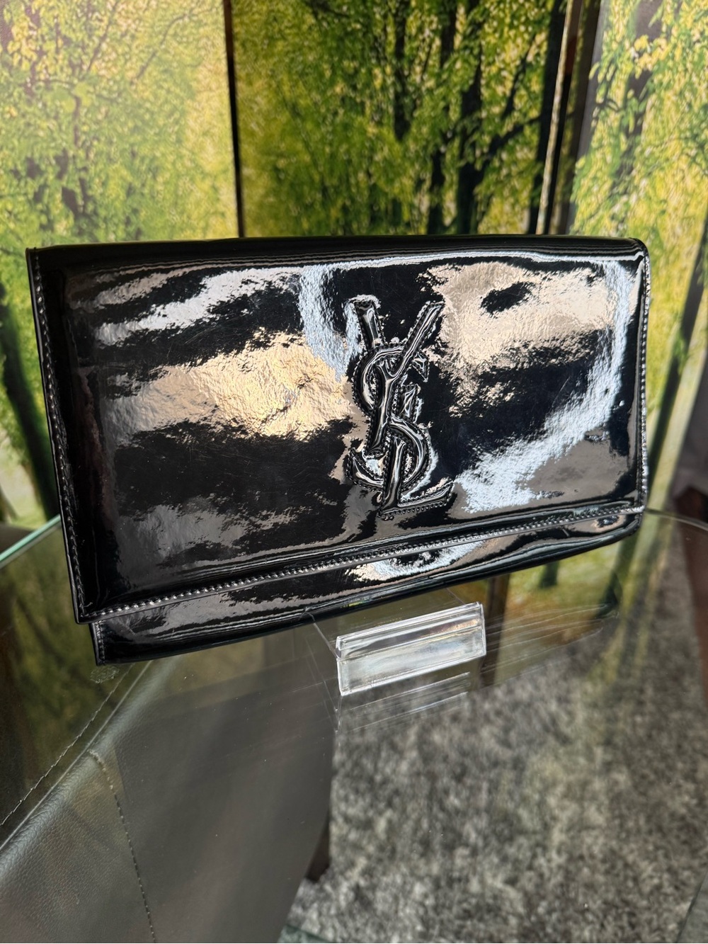 Yves Saint Laurent Black Patent Leather YSL Logo Envelope Clutch Italy - Picture 8 of 12
